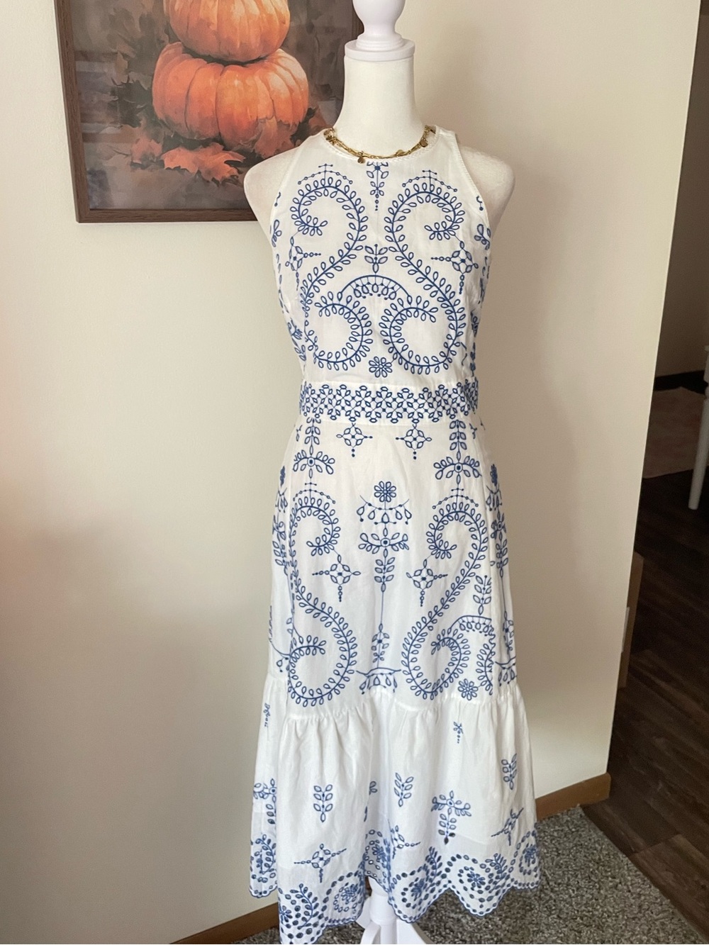 Tory Burch Mariana Embroidered Midi Dress White Blue Size US 0